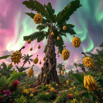 The primary subject of the image is a large banana tree with a trunk and numerous bananas hanging from it. The tree is surrounded by a vibrant and colorful environment, with a variety of flowers and fruits scattered throughout the scene. The visual style of the image is a combination of photo and digital art, creating a lush and vivid atmosphere. The colors and mood of the image are predominantly warm and inviting, with the bright colors of the flowers and fruits adding a sense of life and energy